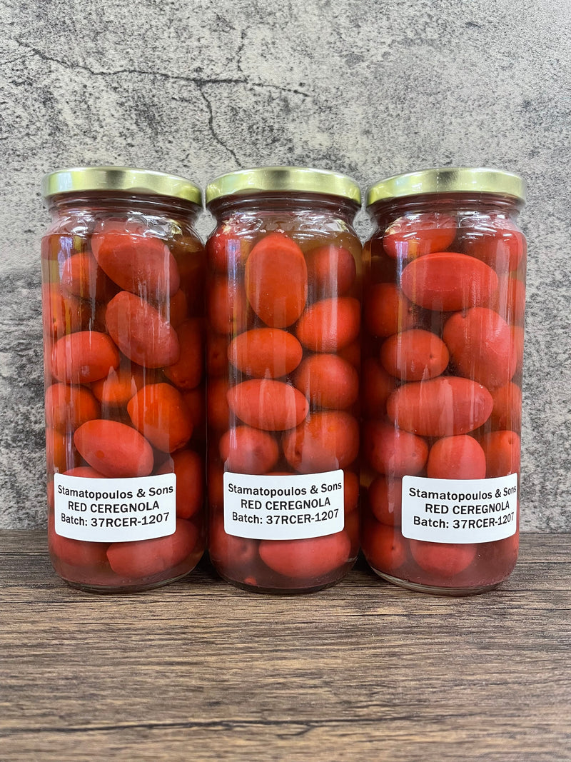 3 jars full of luscious red cerignola olives 